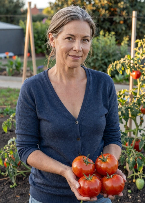 Linda, 55, smiling while picking tomatoes in her garden on a warm afternoon