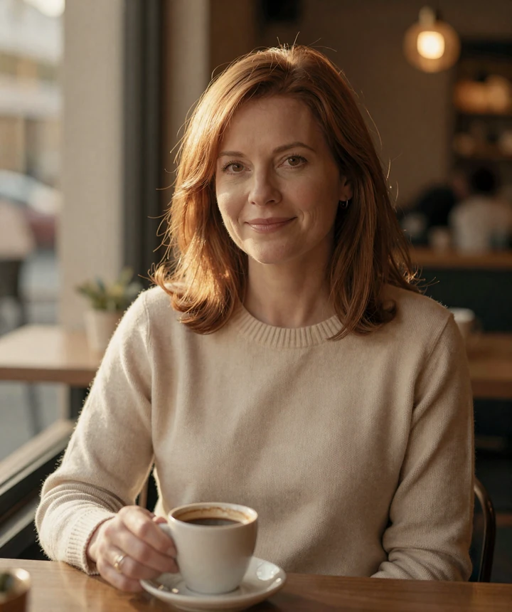 Margaret, a warm 52-year-old woman smiling at a sunlit cafe - the kind of genuine connection mature American men find on Alonadate