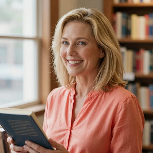 Diane, 48, laughing softly while browsing books in a sunlit independent bookstore