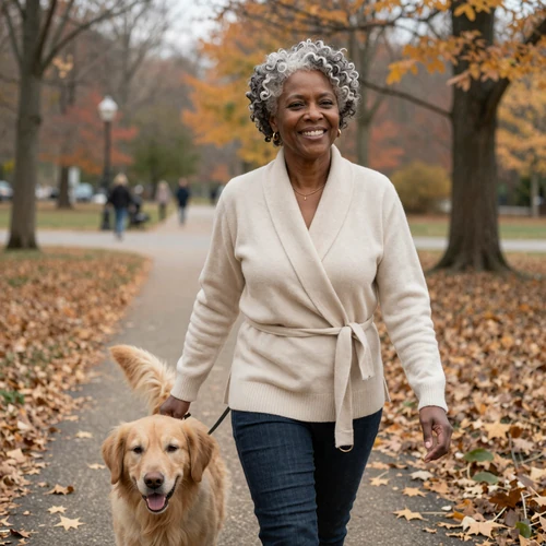 Patricia, 61, walking her golden retriever along an autumn park path on a calm afternoon